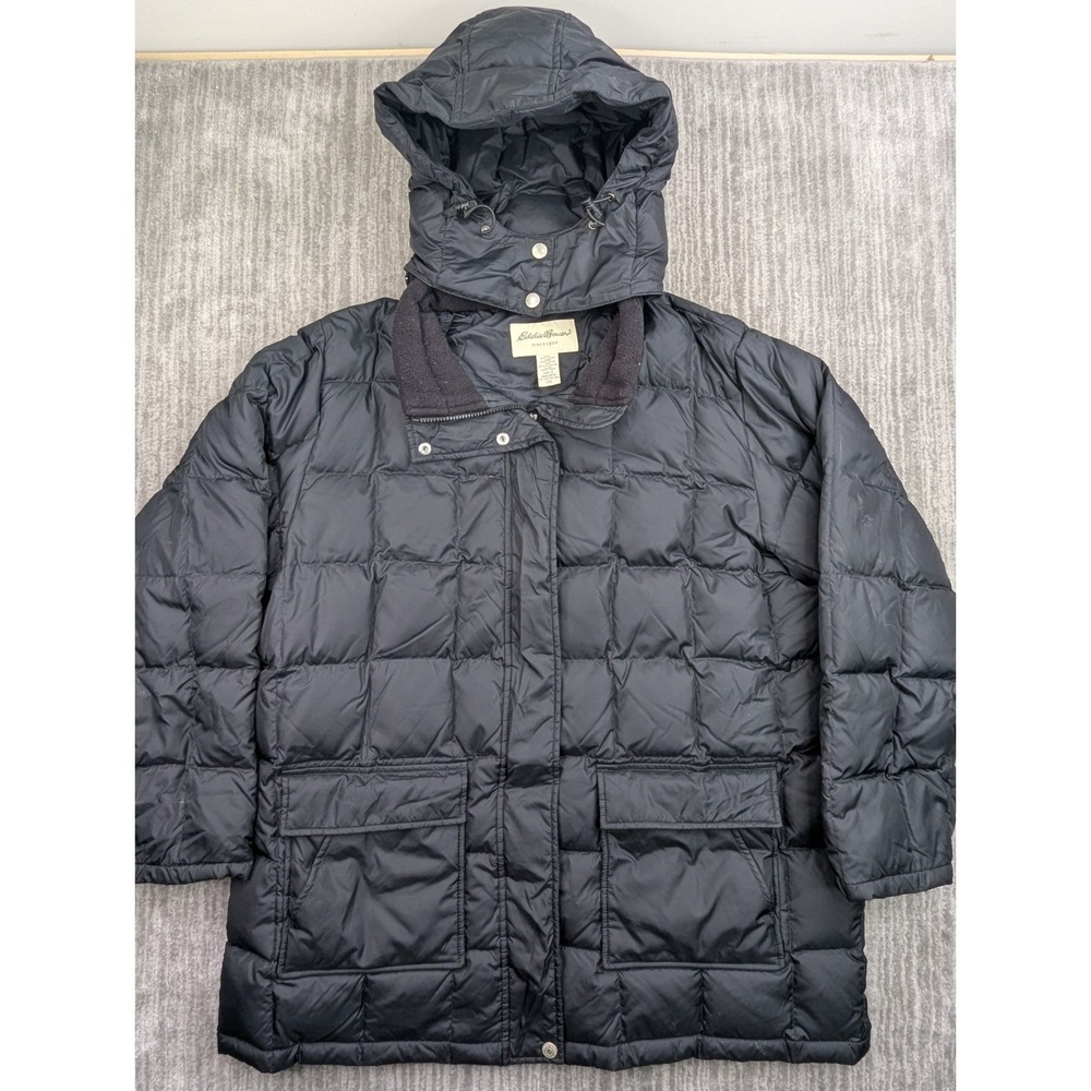 Eddie Bauer Down Puffer Jacket Womens 2XL XXL Black Hooded Parka Long